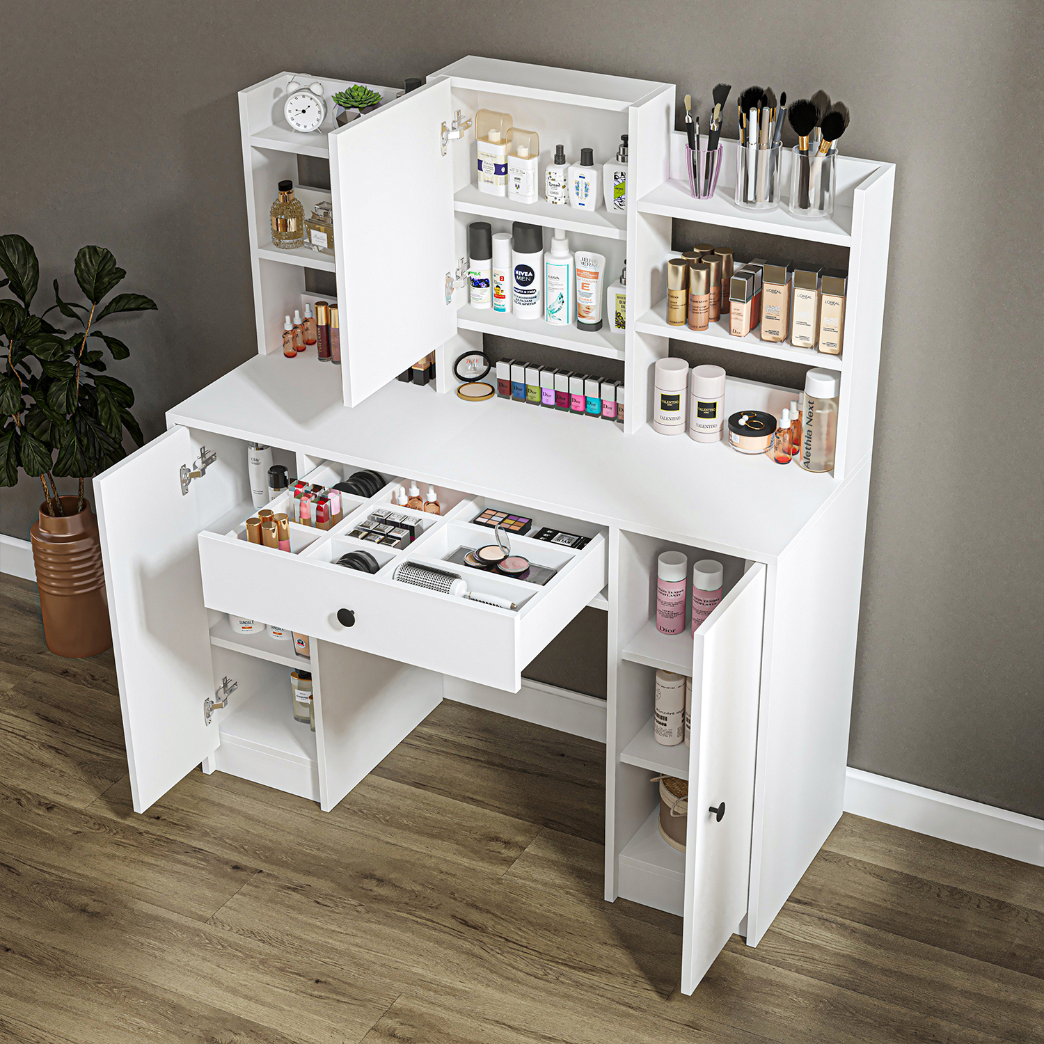 Roomart-2873-Glamo-Makyaj-Tuvalet-Masası-Takı-Düzenleyici-Raflı-Kapaklı-Çekmeceli-Beyaz-2