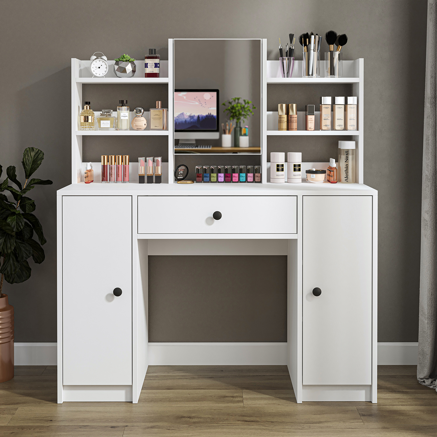 Roomart-2873-Glamo-Makyaj-Tuvalet-Masası-Takı-Düzenleyici-Raflı-Kapaklı-Çekmeceli-Beyaz-3