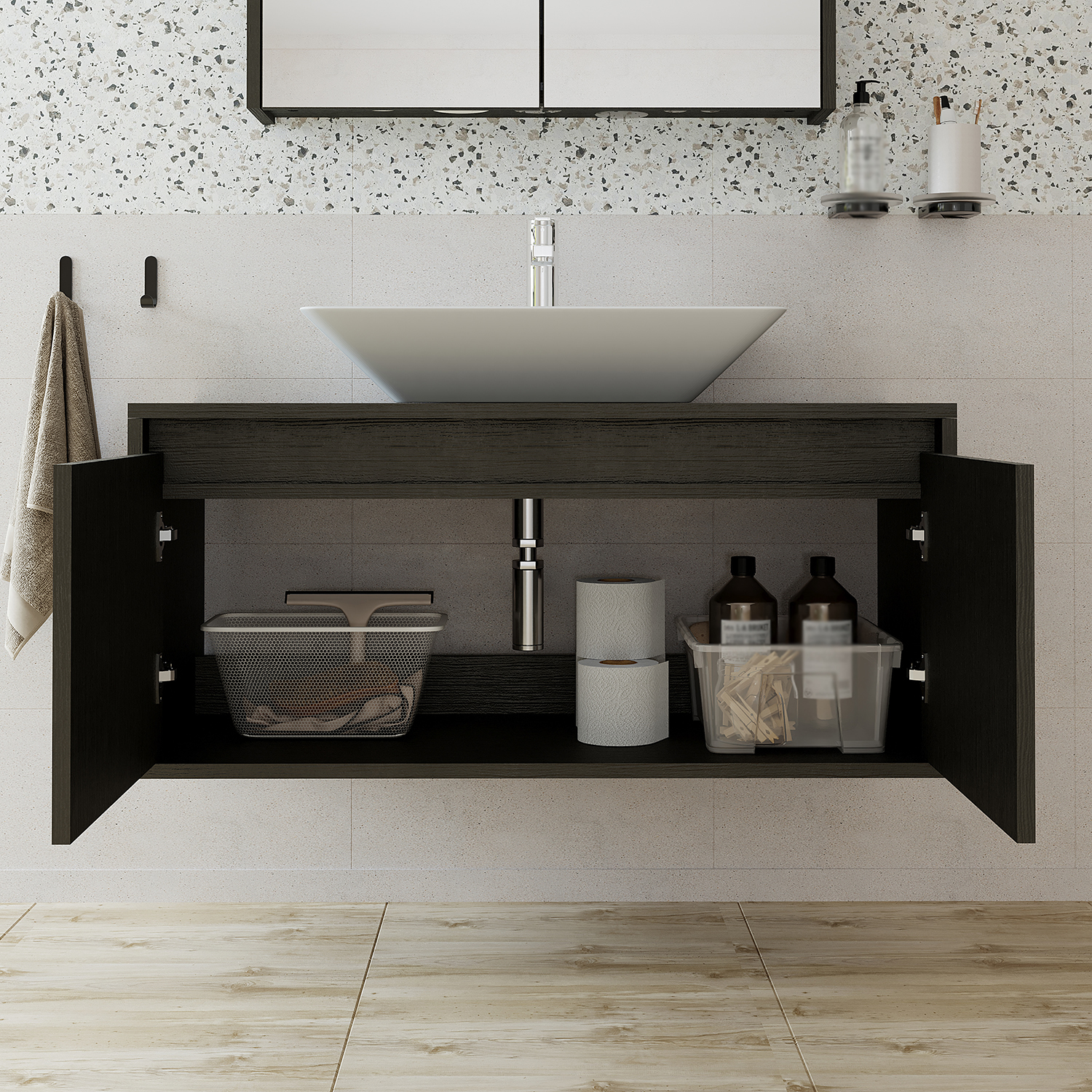 banyo dolabı lavabolu siyah 100 cm 2